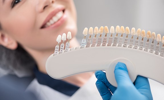 Woman's smile compared with porcelain veneer shade chart